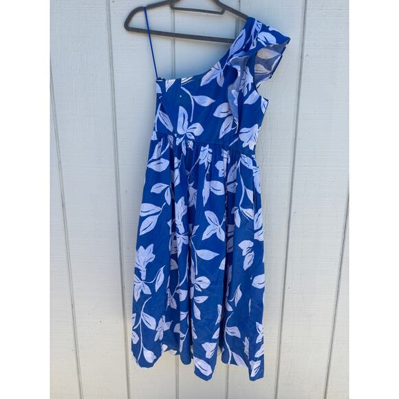NWT J. Crew One‎ Shoulder Midi Dress, Blue And White Floral, Sz 8 - Picture 3 of 7